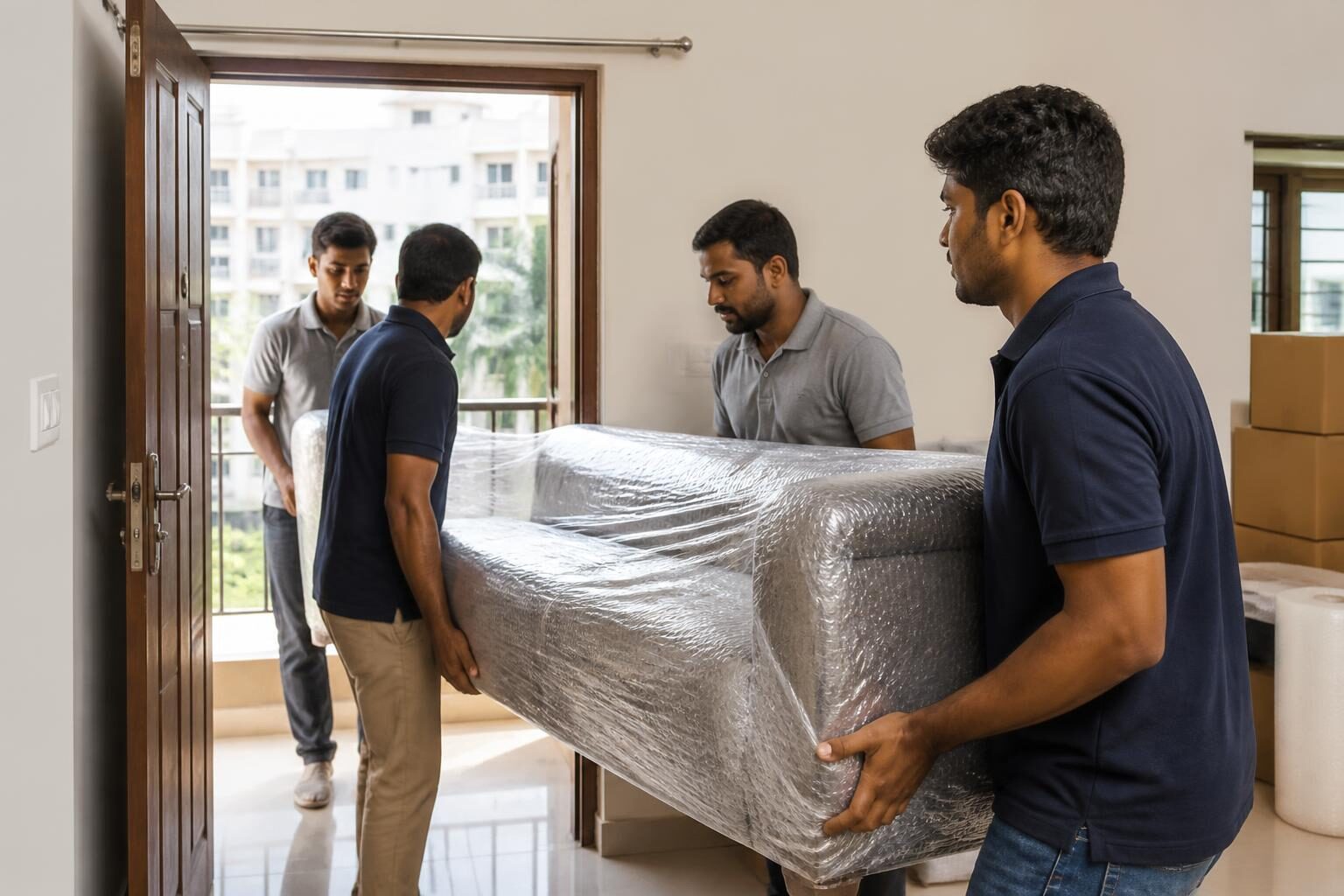 Professional Chennai moving team carefully handling a wrapped sofa